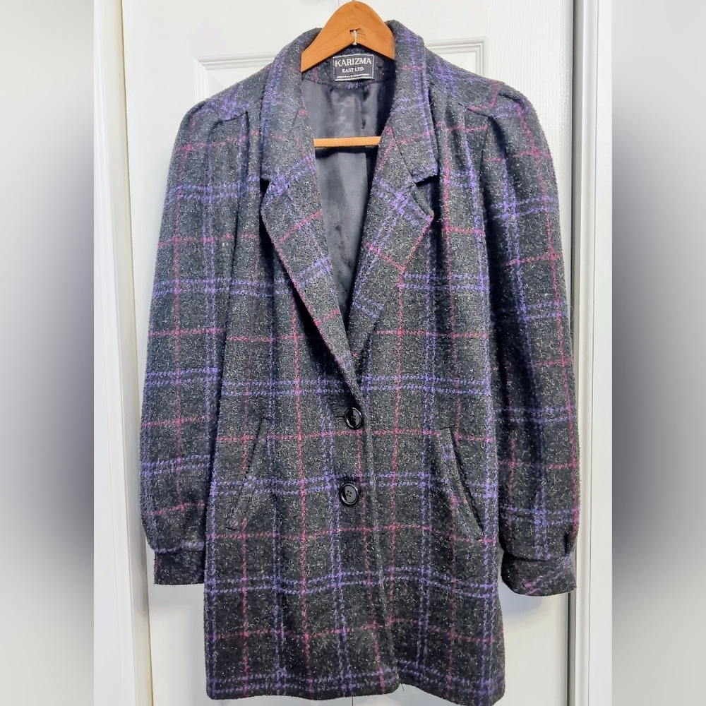 Vintage Karizma Black Red Purple Sz 12 Women's Plaid Wool Blend Coat